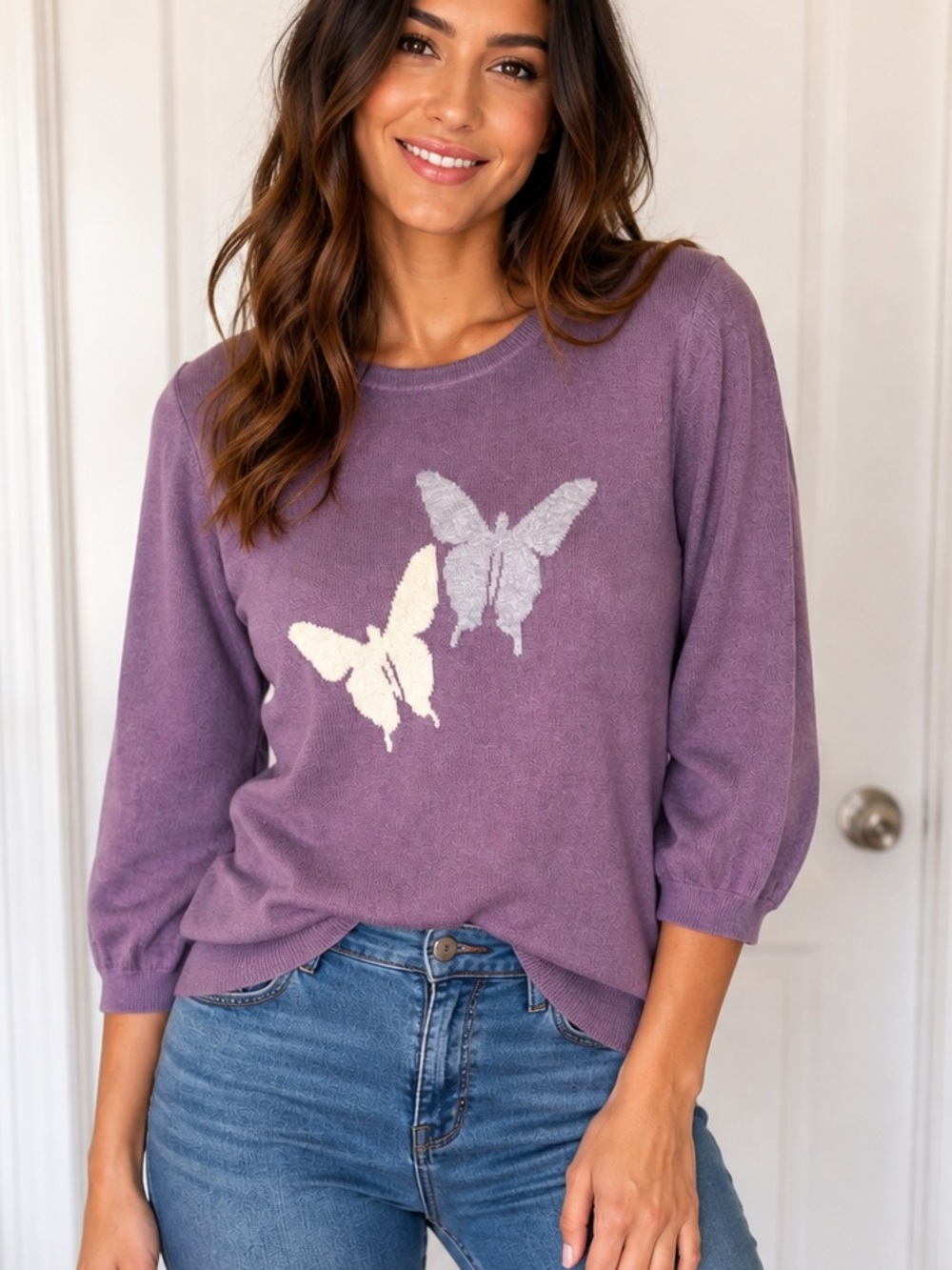 Weatherproof Vintage Women’s Purple Butterfly Cotton Cashmere Sweater Size M NWT